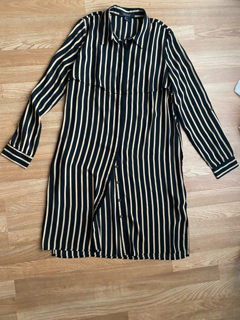 Forever 21 Black and Beige Striped Long-Sleeve Shirt Dress